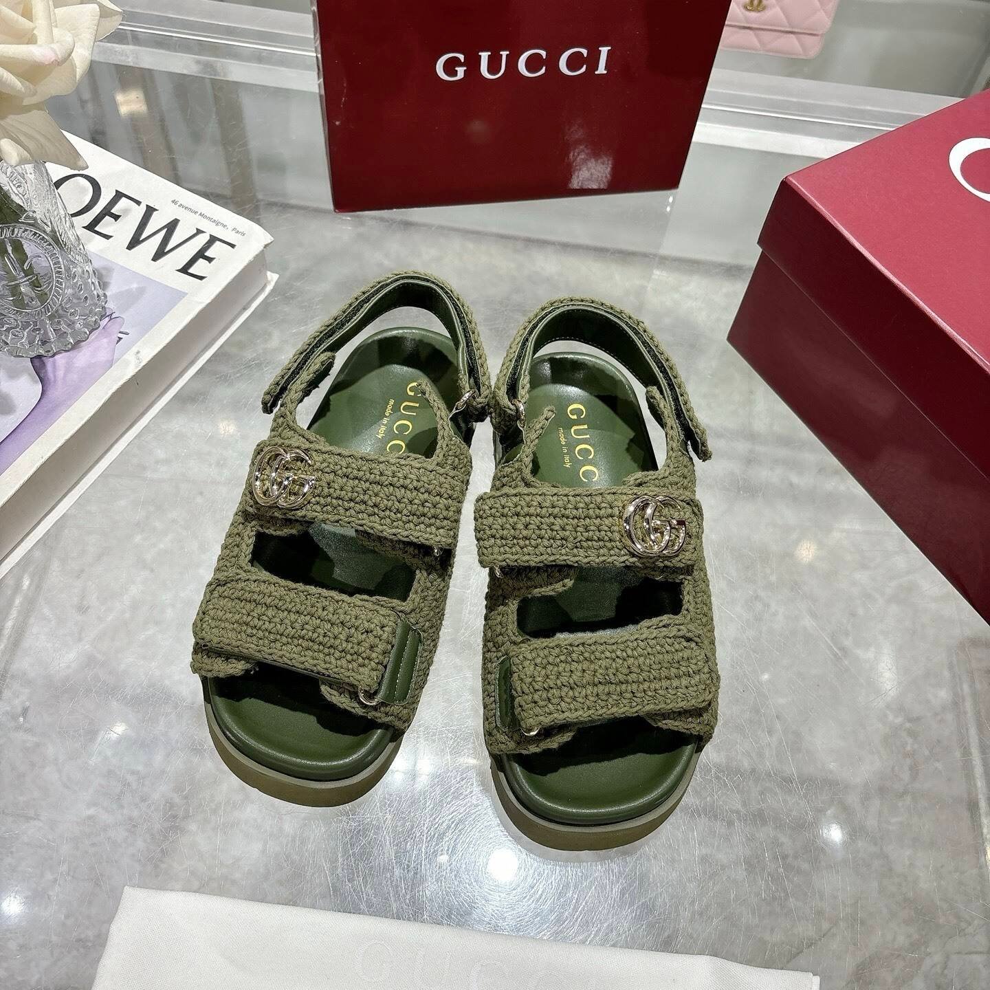 Gvc*1 Women Sandal With Double G Dark Green Crochet ‎835086 Faeq2 3037