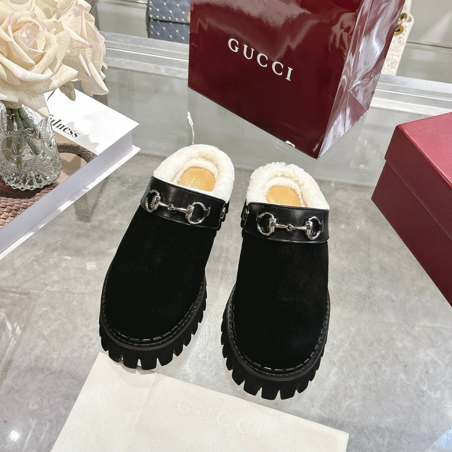 Gvc*1 Horsebit Shearling Mules In Black Suede